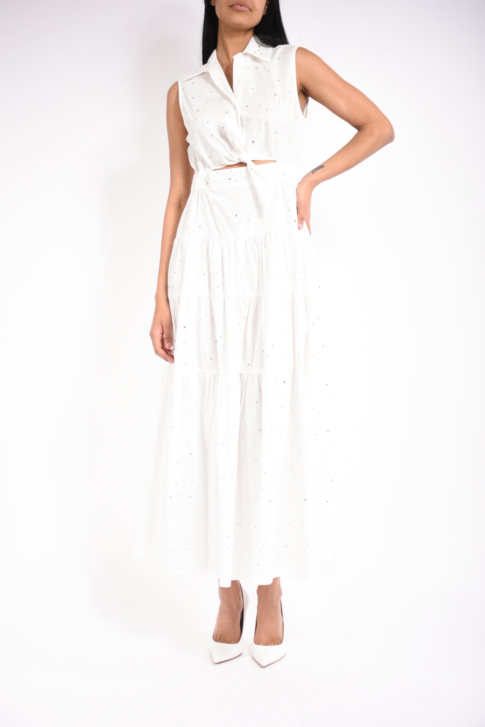 abito lungo in cotone con strass